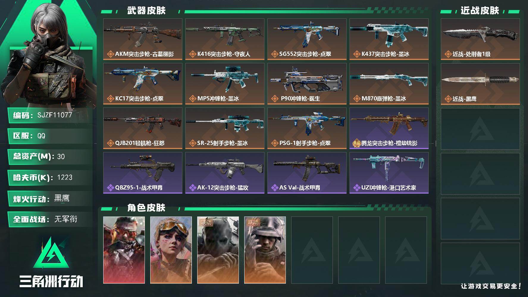 三角洲行动账号QQ【SJZF11077】总资产30M/哈夫币122万/传说近战数1/干员外观数4/传说枪皮数13/战场等级1/行动等级60/安全箱等时效性道具以游戏内数据为准，详情请看图/乌鲁鲁-狂怒/蛊-不羁人生/