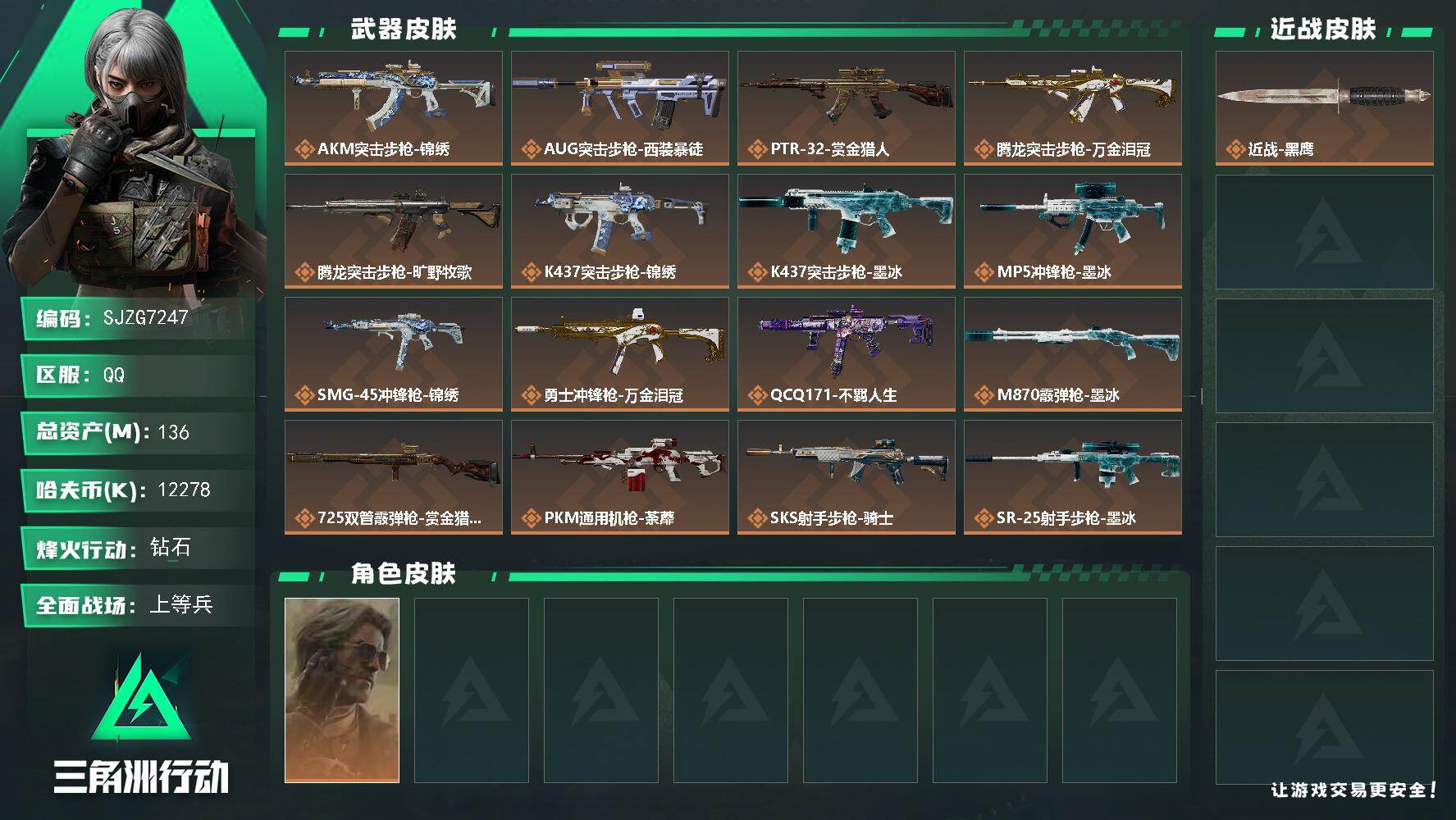 三角洲行动账号QQ【SJZG7247】总资产136M/哈夫币1227万/干员外观数1/传说枪皮数18/战场等级23/行动等级60/安全箱等时效性道具以游戏内数据为准，详情请看图/银翼-未结卷宗/近战-黑鹰/AKM突击