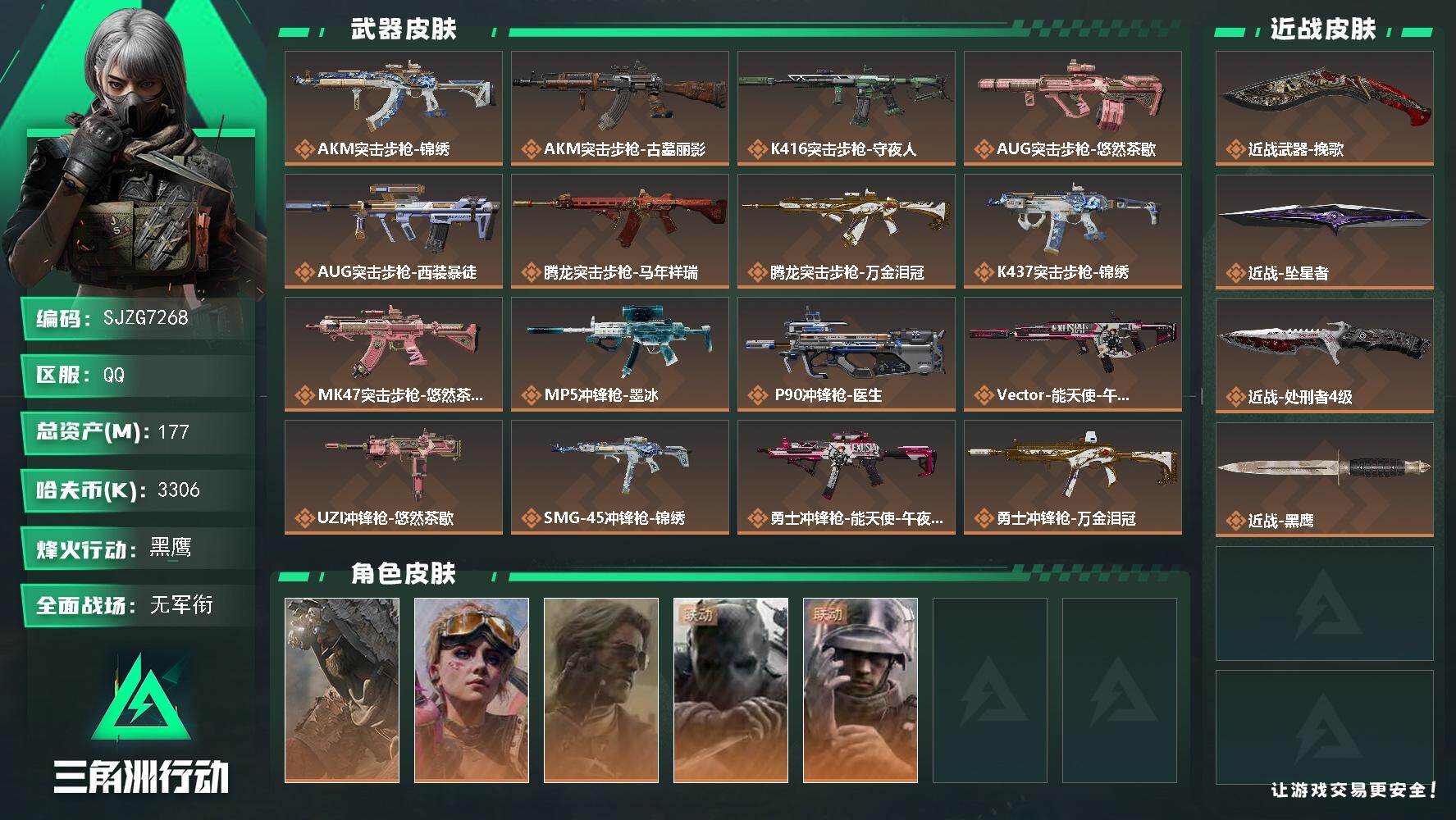 三角洲行动账号QQ【SJZG7268】总资产177M/哈夫币330万/传说近战数3/干员外观数5/传说枪皮数24/战场