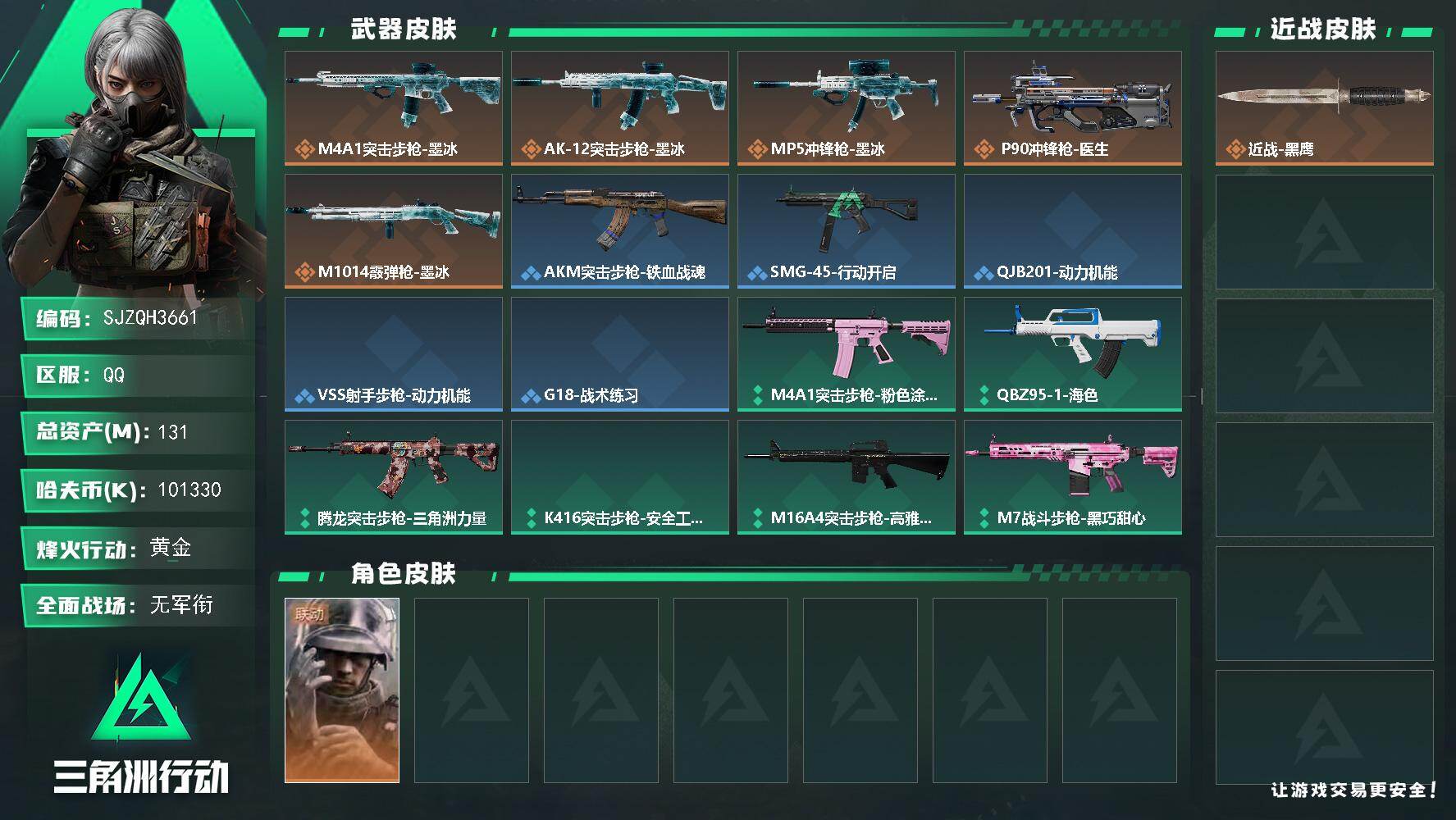 三角洲行动账号QQ【SJZQH3661】总资产131M/哈夫币10133万/干员外观数1/传说枪皮数5/战场等级1/行动等级52/安全箱等时效性道具以游戏内数据为准，详情请看图/蜂医-医生/近战-黑鹰/M4A1突击步