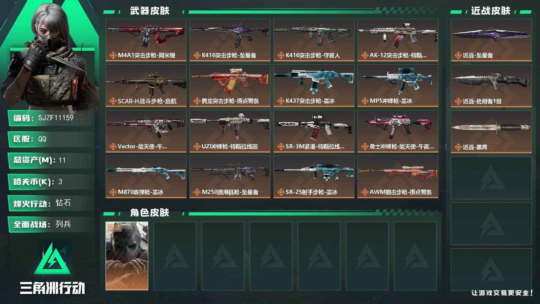 三角洲行动账号QQ【SJZF11159】总资产11M/哈夫币0万/传说近战数2/干员外观数1/传说枪皮数17/战场等级19/行动等级51/安全箱等时效性道具以游戏内数据为准，详情请看图/无名-守夜人/近战-坠星者/近