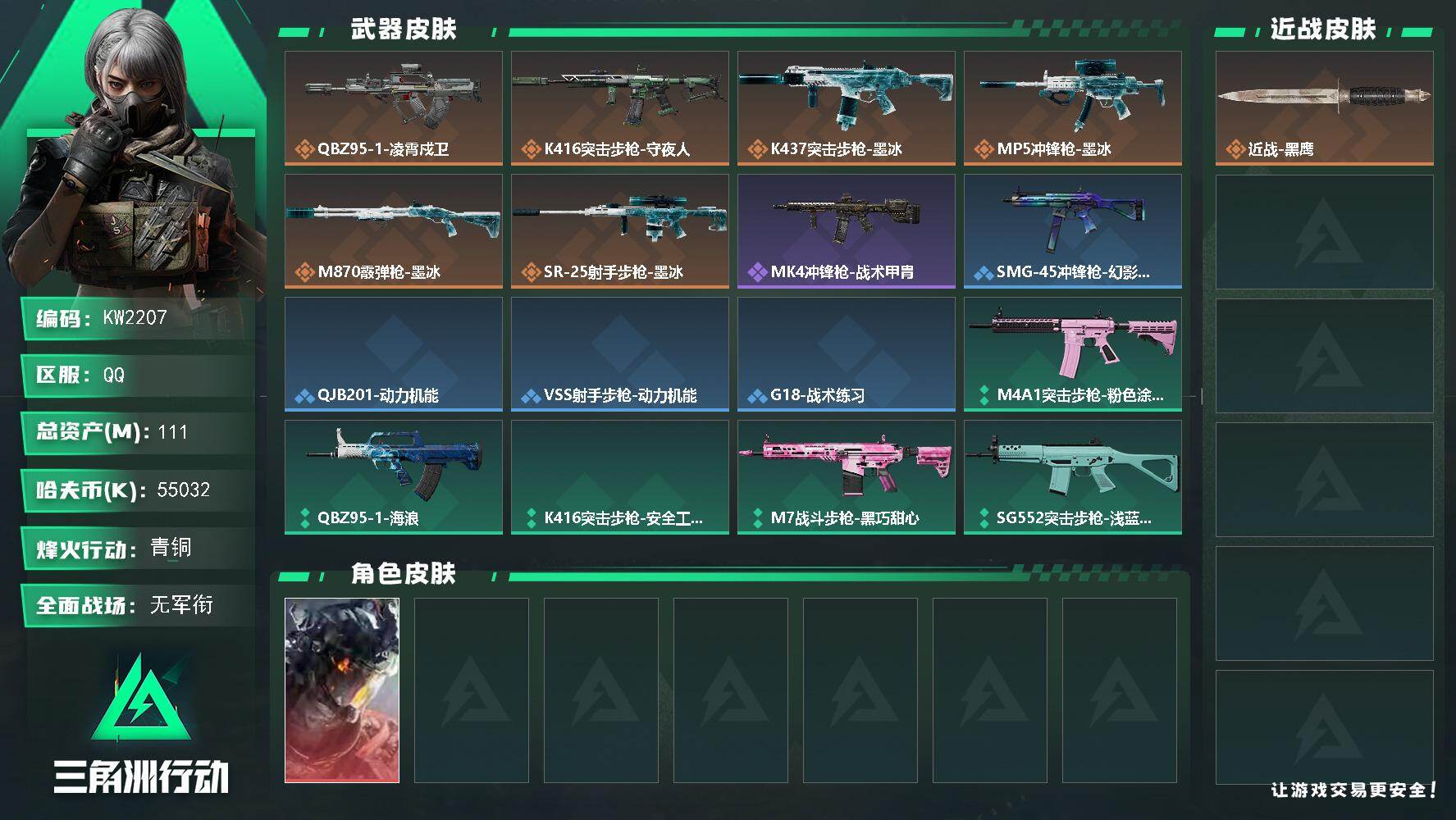 三角洲行动账号QQ【KW2207】总资产111M/哈夫币5503万/干员外观数1/传说枪皮数8/战场等级1/行动等级36/安全箱等时效性道具以游戏内数据为准，详情请看图/威龙-凌霄戍卫/近战-黑鹰/QBZ95-1突击