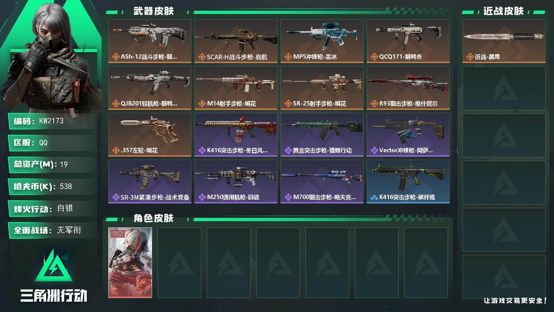 三角洲行动账号QQ【KW2173】总资产19M/哈夫币53万/干员外观数1/传说枪皮数9/战场等级2/行动等级37/安全箱等时效性道具以游戏内数据为准，详情请看图/骇爪-维什戴尔/近战-黑鹰/ASh-12战斗步枪-鹅