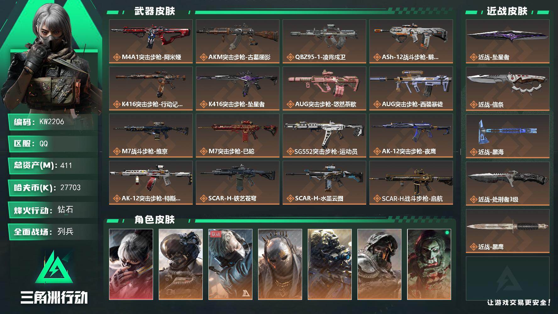 三角洲行动账号QQ【KW2206】总资产411M/哈夫币2770万/传说近战数4/干员外观数12/传说枪皮数58/战场等级33/行动等级60/安全箱等时效性道具以游戏内数据为准，详情请看图/骇爪-水墨云图/威龙-壮志