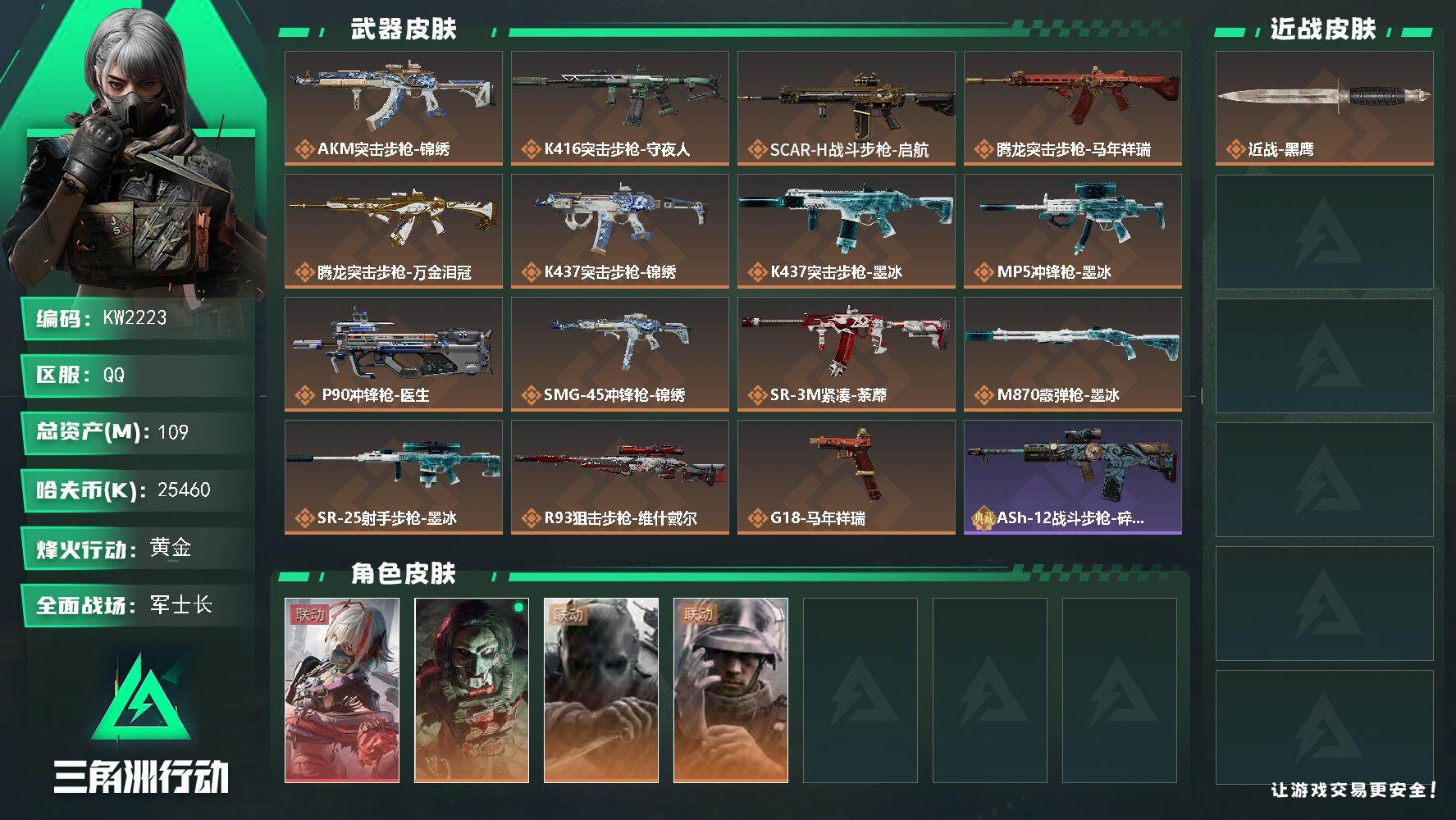 三角洲行动账号QQ【KW2223】总资产109M/哈夫币2546万/干员外观数4/传说枪皮数16/战场等级26/行动等级59/安全箱等时效性道具以游戏内数据为准，详情请看图/骇爪-维什戴尔/红狼-电锯惊魂/无名-守夜