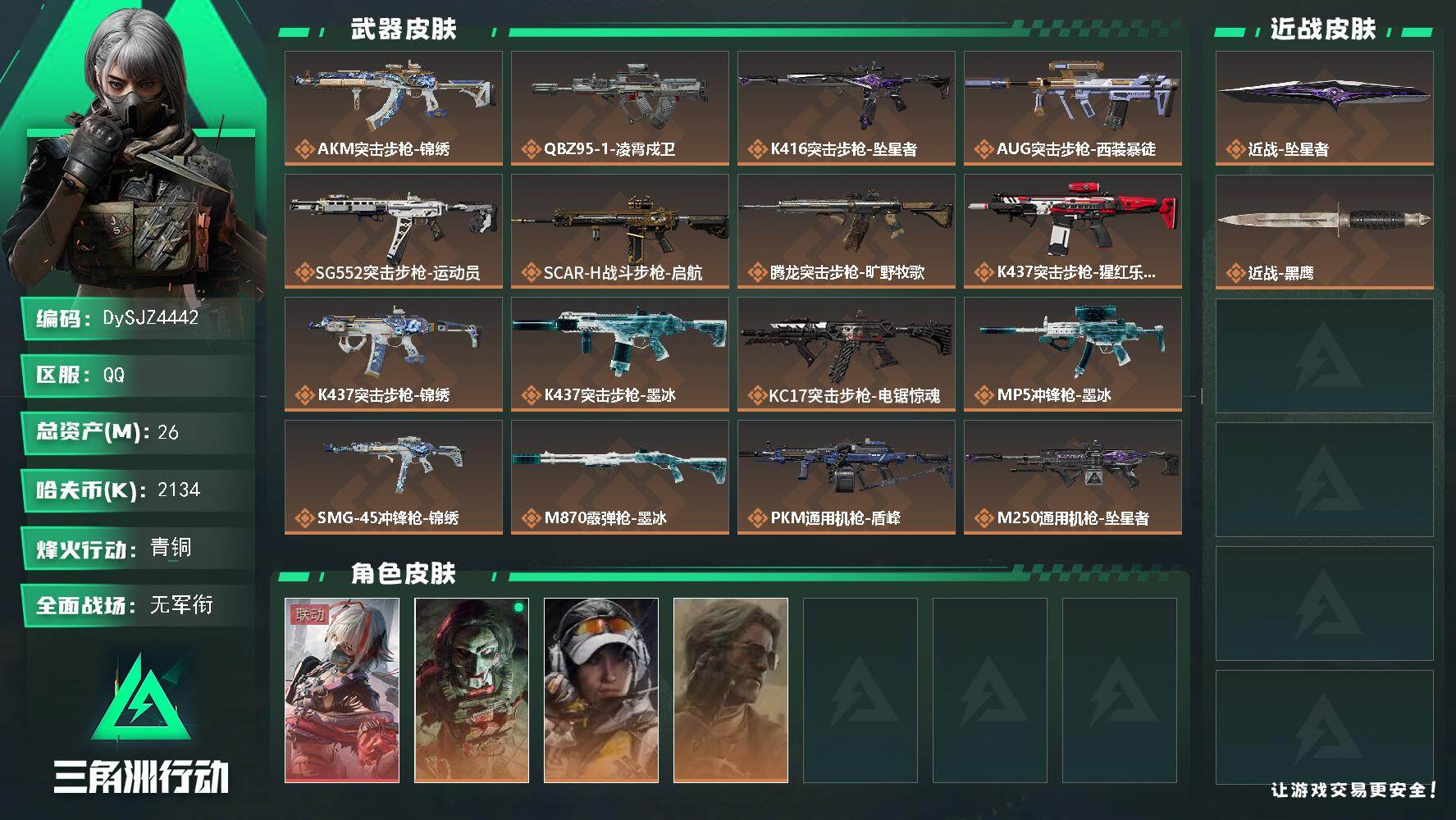 三角洲行动账号QQ【DySJZ4442】总资产26M/哈夫币213万/传说近战数1/干员外观数4/传说枪皮数20/战场等级1/行动等级60/安全箱等时效性道具以游戏内数据为准，详情请看图/骇爪-维什戴尔/红狼-电锯惊