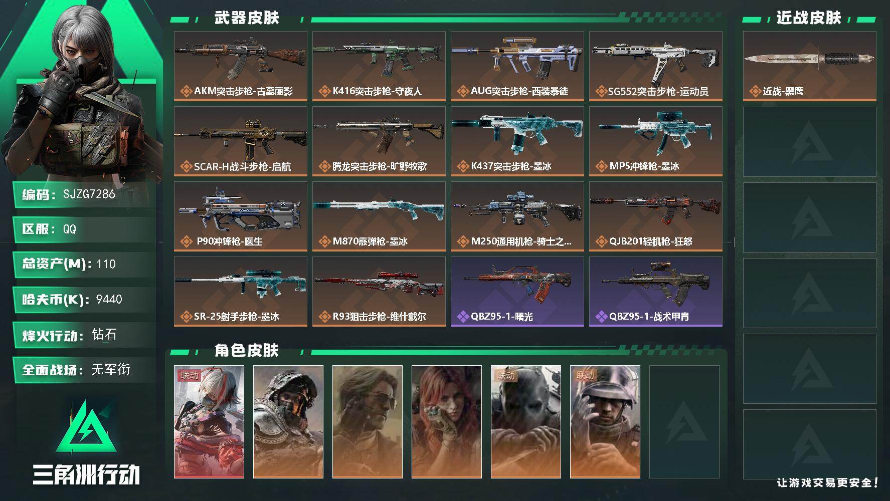 三角洲行动账号QQ【SJZG7286】总资产110M/哈夫币944万/干员外观数6/传说枪皮数16/战场等级1/行动等级60/安全箱等时效性道具以游戏内数据为准，详情请看图/骇爪-维什戴尔/深蓝-不破誓约/银翼-未结