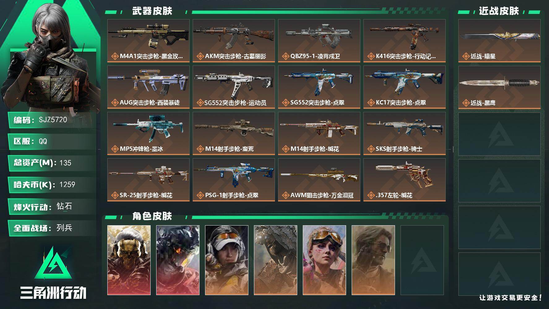 三角洲行动账号QQ【SJZ5720】总资产135M/哈夫币125万/传说近战数1/干员外观数6/传说枪皮数16/战场等级9/行动等级60/安全箱等时效性道具以游戏内数据为准，详情请看图/红狼-蚀金玫瑰/威龙-凌霄戍卫