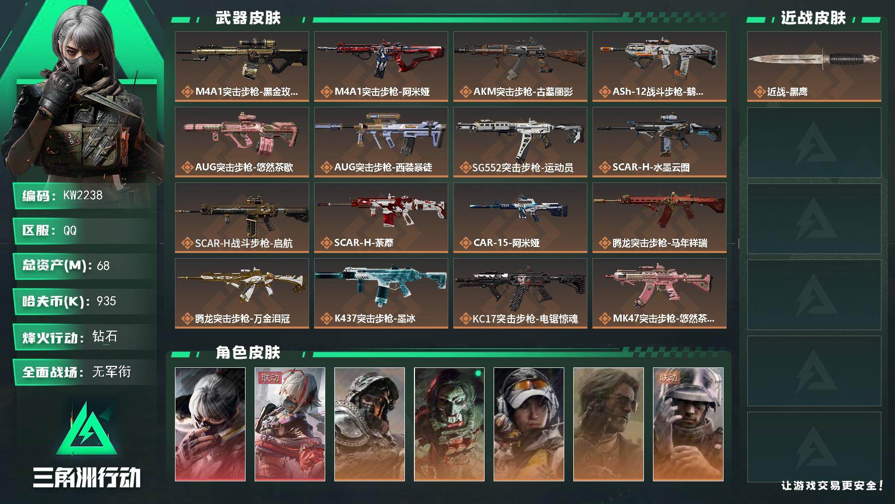 三角洲行动账号QQ【KW2238】总资产68M/哈夫币93万/干员外观数7/传说枪皮数32/战场等级2/行动等级60/安全箱等时效性道具以游戏内数据为准，详情请看图/骇爪-水墨云图/骇爪-维什戴尔/深蓝-不破誓约/红