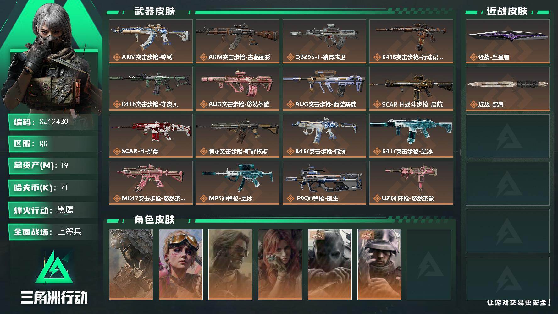 三角洲行动账号QQ【SJ12430】总资产19M/哈夫币7万/传说近战数1/干员外观数6/传说枪皮数27/战场等级17/行动等级60/安全箱等时效性道具以游戏内数据为准，详情请看图/乌鲁鲁-荒原猎手/蛊-不羁人生/银