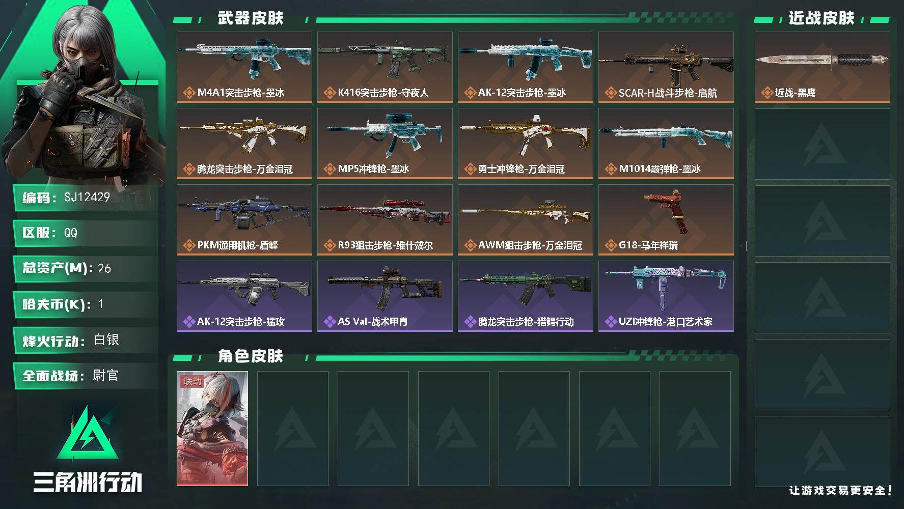 三角洲行动账号QQ【SJ12429】总资产26M/哈夫币0万/干员外观数1/传说枪皮数14/战场等级35/行动等级28/安全箱等时效性道具以游戏内数据为准，详情请看图/骇爪-维什戴尔/近战-黑鹰/M4A1突击步枪-墨