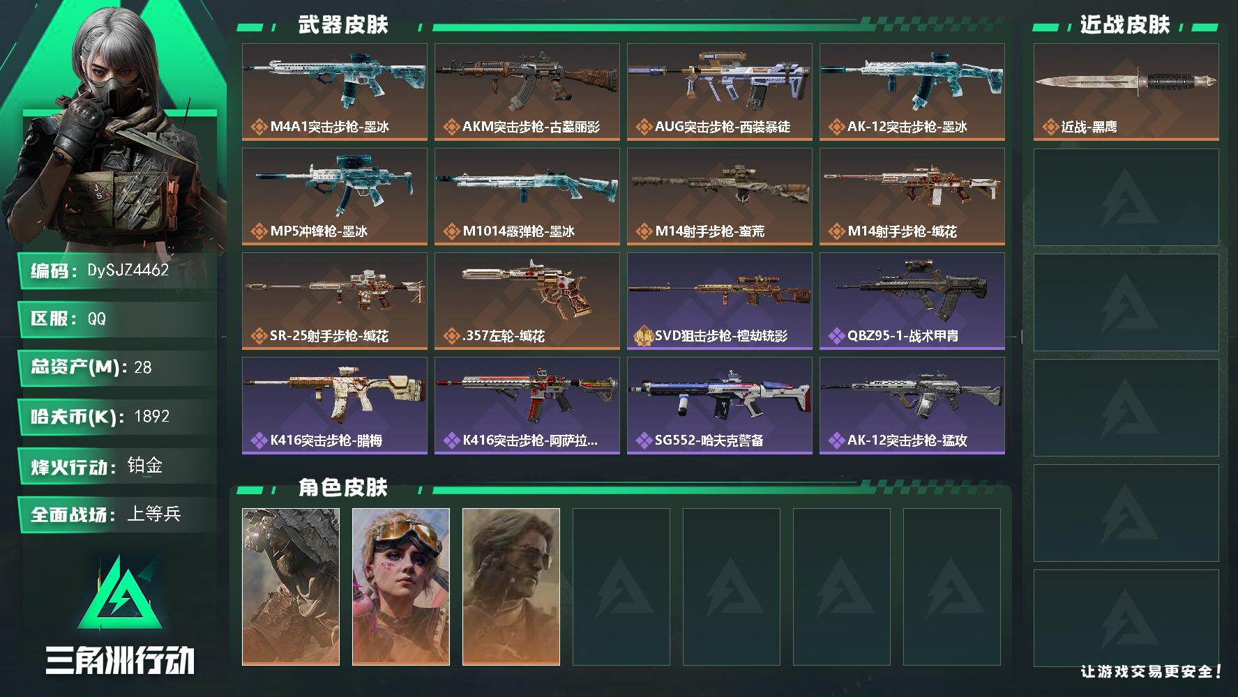 三角洲行动账号QQ【DySJZ4462】总资产28M/哈夫币189万/干员外观数3/传说枪皮数10/战场等级16/行动等级60/安全箱等时效性道具以游戏内数据为准，详情请看图/乌鲁鲁-荒原猎手/蛊-不羁人生/银翼-未