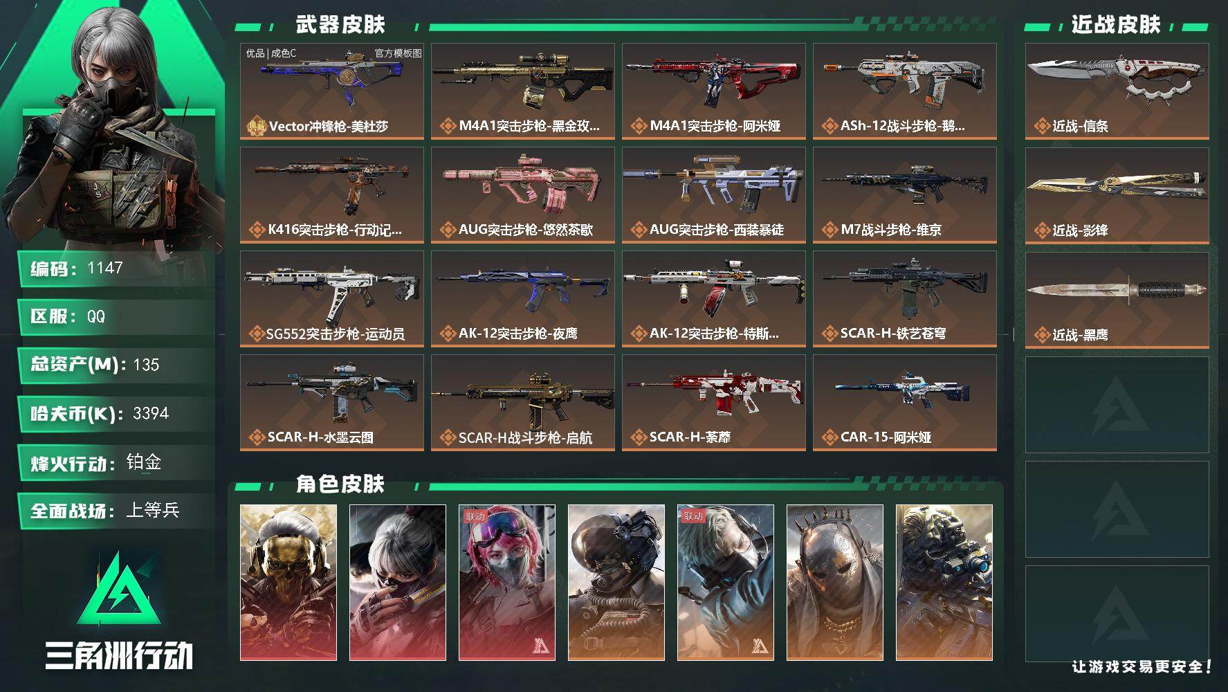 三角洲行动账号QQ135m总资产-3394k哈夫币-60烽火等级-铂金-50战场等级-上等兵
【干员外观】：红狼-蚀金