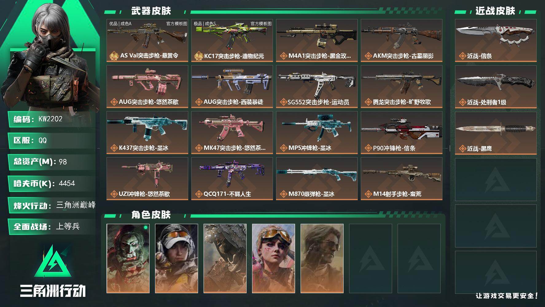 三角洲行动账号QQ【KW2202】总资产98M/哈夫币445万/传说近战数2/干员外观数5/典藏外观数2/传说枪皮数24/战场等级31/行动等级60/安全箱等时效性道具以游戏内数据为准，详情请看图/红狼-电锯惊魂/露