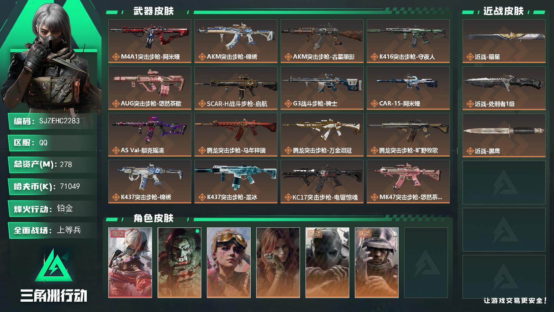 三角洲行动账号QQ【SJZEHC2283】EHC40195	2刀皮/1红皮/多咖啡豆/278m总资产-71049k哈夫币-60烽火等级-铂金-50战场等级-上等兵
【干员外观】：骇爪-维什戴尔，红狼-电锯惊魂，蛊-不