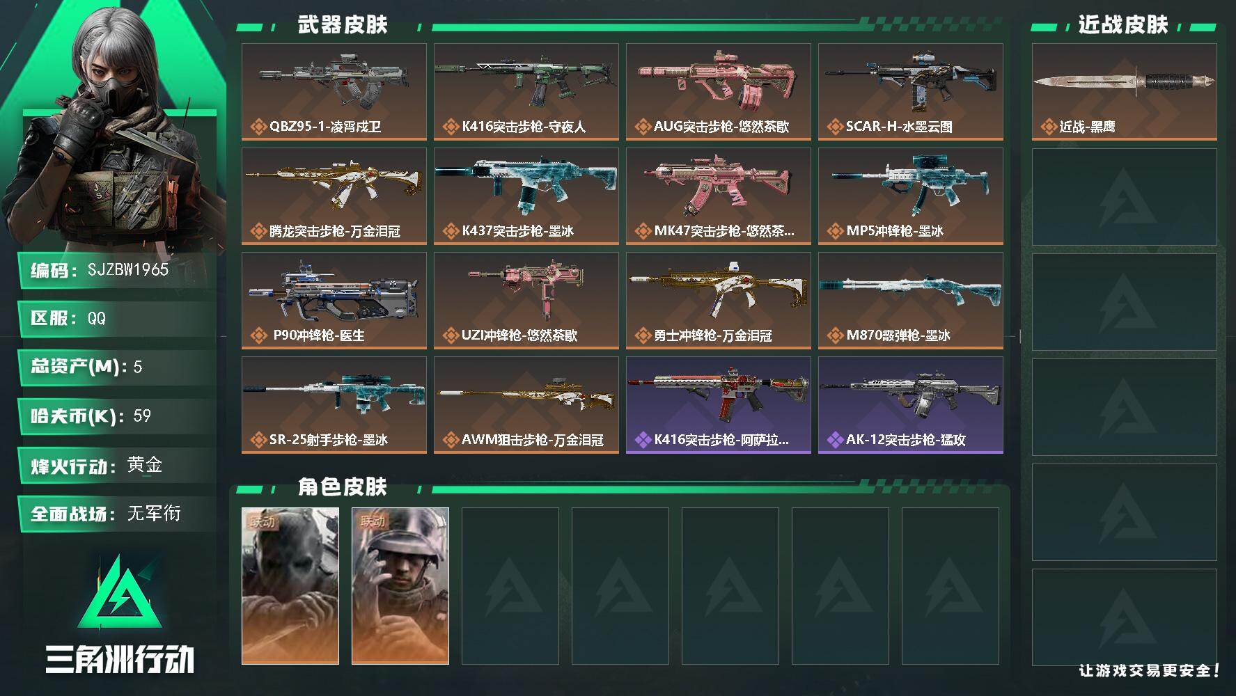 三角洲行动账号QQ【SJZBW1965】总资产5M/哈夫币5万/干员外观数2/传说枪皮数14/战场等级1/行动等级53/安全箱等时效性道具以游戏内数据为准，详情请看图/无名-守夜人/蜂医-医生/近战-黑鹰/QBZ95
