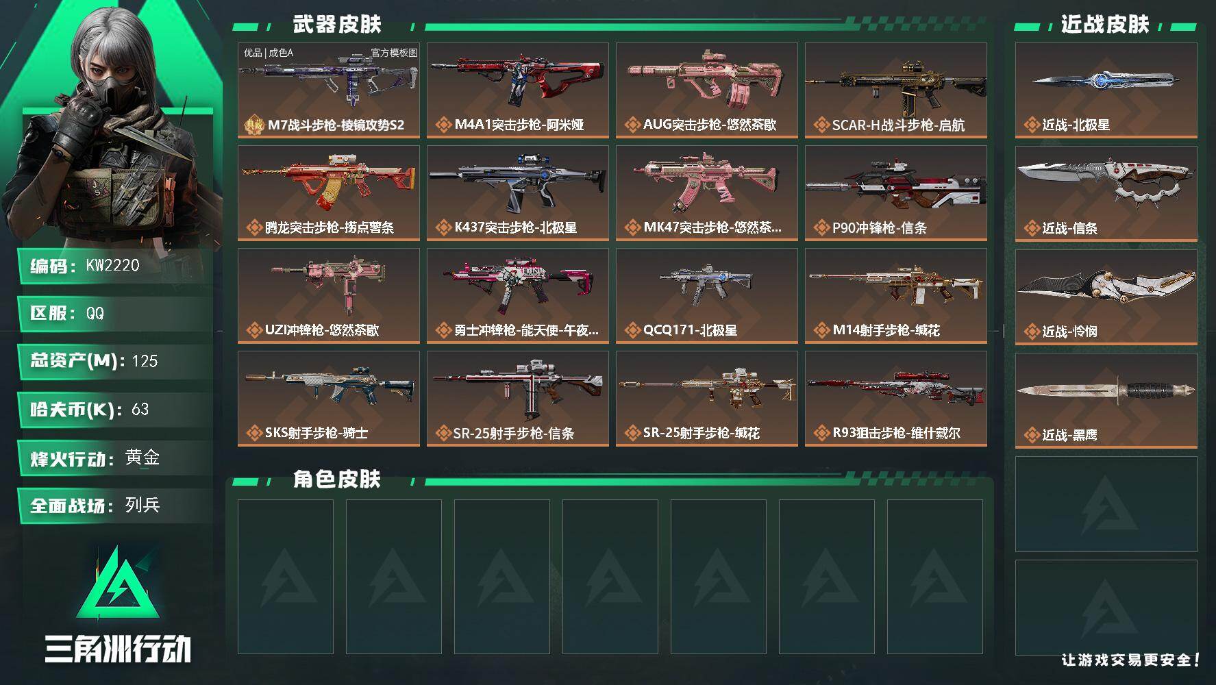 三角洲行动账号QQ【KW2220】总资产125M/哈夫币6万/传说近战数3/典藏外观数1/传说枪皮数19/战场等级16/行动等级60/安全箱等时效性道具以游戏内数据为准，详情请看图/近战-北极星/近战-信条/近战-怜