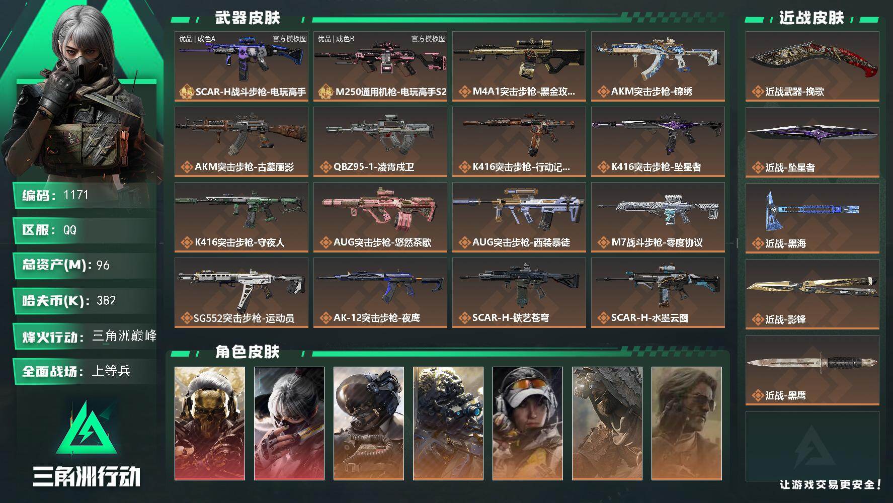 三角洲行动账号QQ96m总资产-382k哈夫币-60烽火等级-三角洲巅峰-22战场等级-上等兵
【干员外观】：红狼-蚀