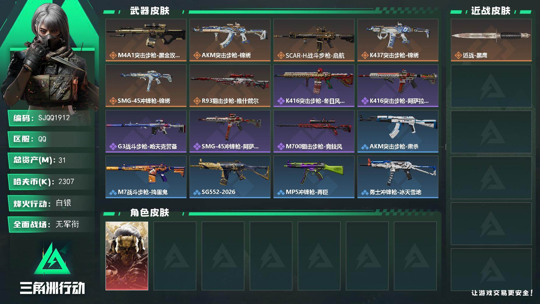 三角洲行动账号QQ【SJQQ1912】总资产31M/哈夫币230万/干员外观数1/传说枪皮数6/战场等级1/行动等级31/安全箱等时效性道具以游戏内数据为准，详情请看图/红狼-蚀金玫瑰/近战-黑鹰/M4A1突击步枪-