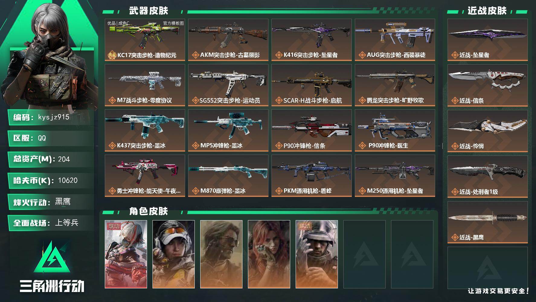 三角洲行动账号QQ204m总资产-10620k哈夫币-60烽火等级-黑鹰-24战场等级-上等兵
【干员外观】：骇爪-维