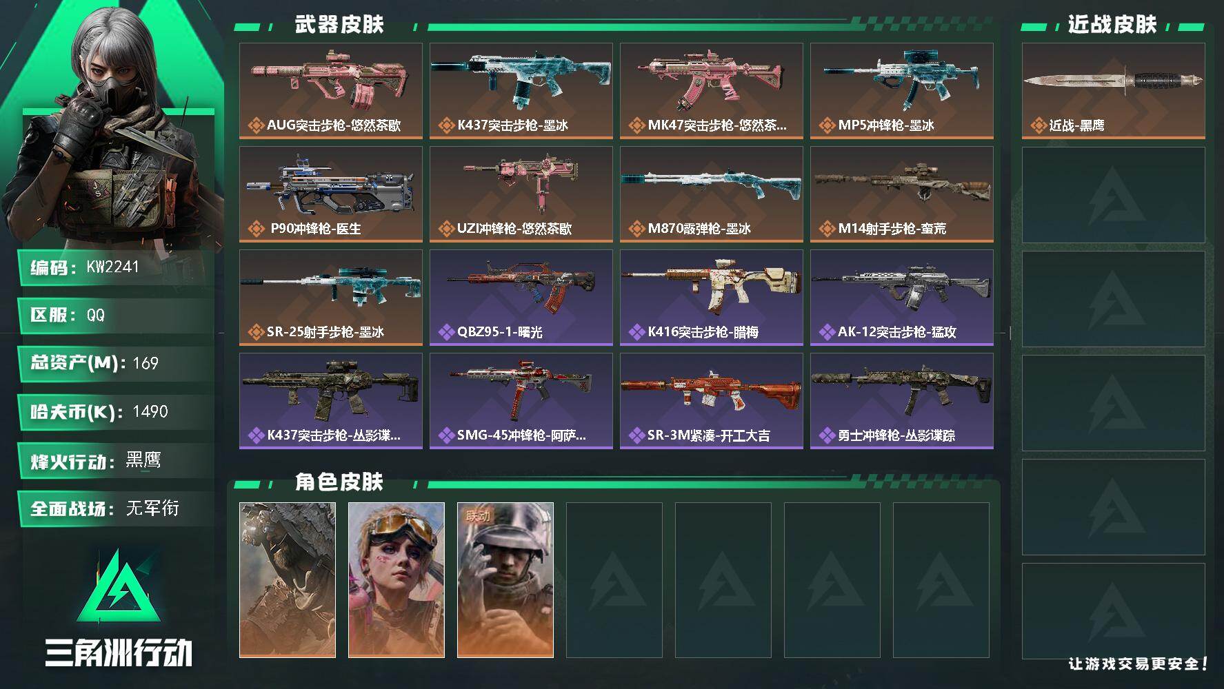 三角洲行动账号QQ【KW2241】总资产169M/哈夫币149万/干员外观数3/传说枪皮数11/战场等级1/行动等级60/安全箱等时效性道具以游戏内数据为准，详情请看图/乌鲁鲁-荒原猎手/蛊-不羁人生/蜂医-医生/近