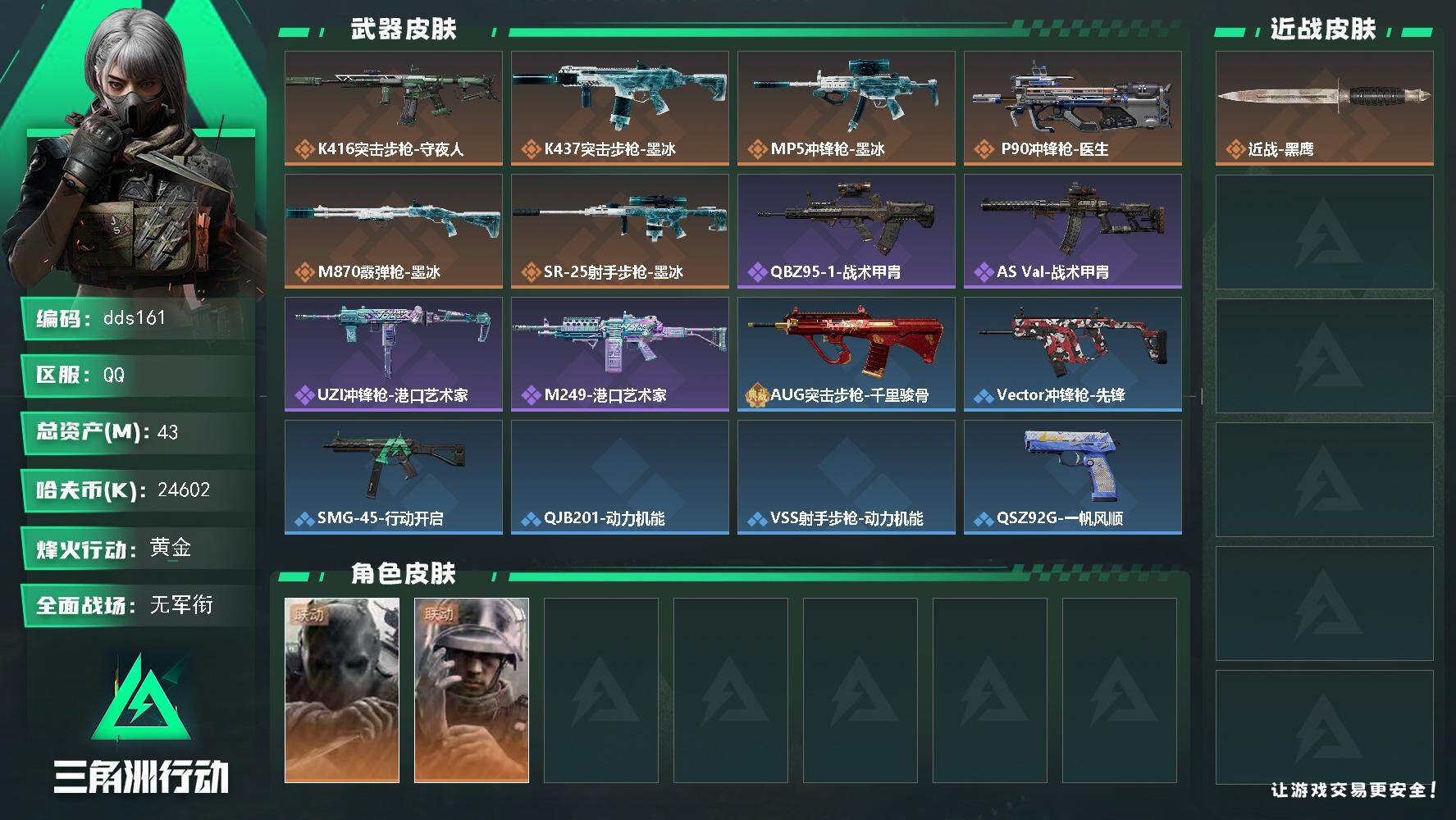 三角洲行动账号QQ【dds161】总资产43M/哈夫币2460万/干员外观数2/传说枪皮数7/战场等级1/行动等级57/安全箱等时效性道具以游戏内数据为准，详情请看图/无名-守夜人/蜂医-医生/近战-黑鹰/K416突