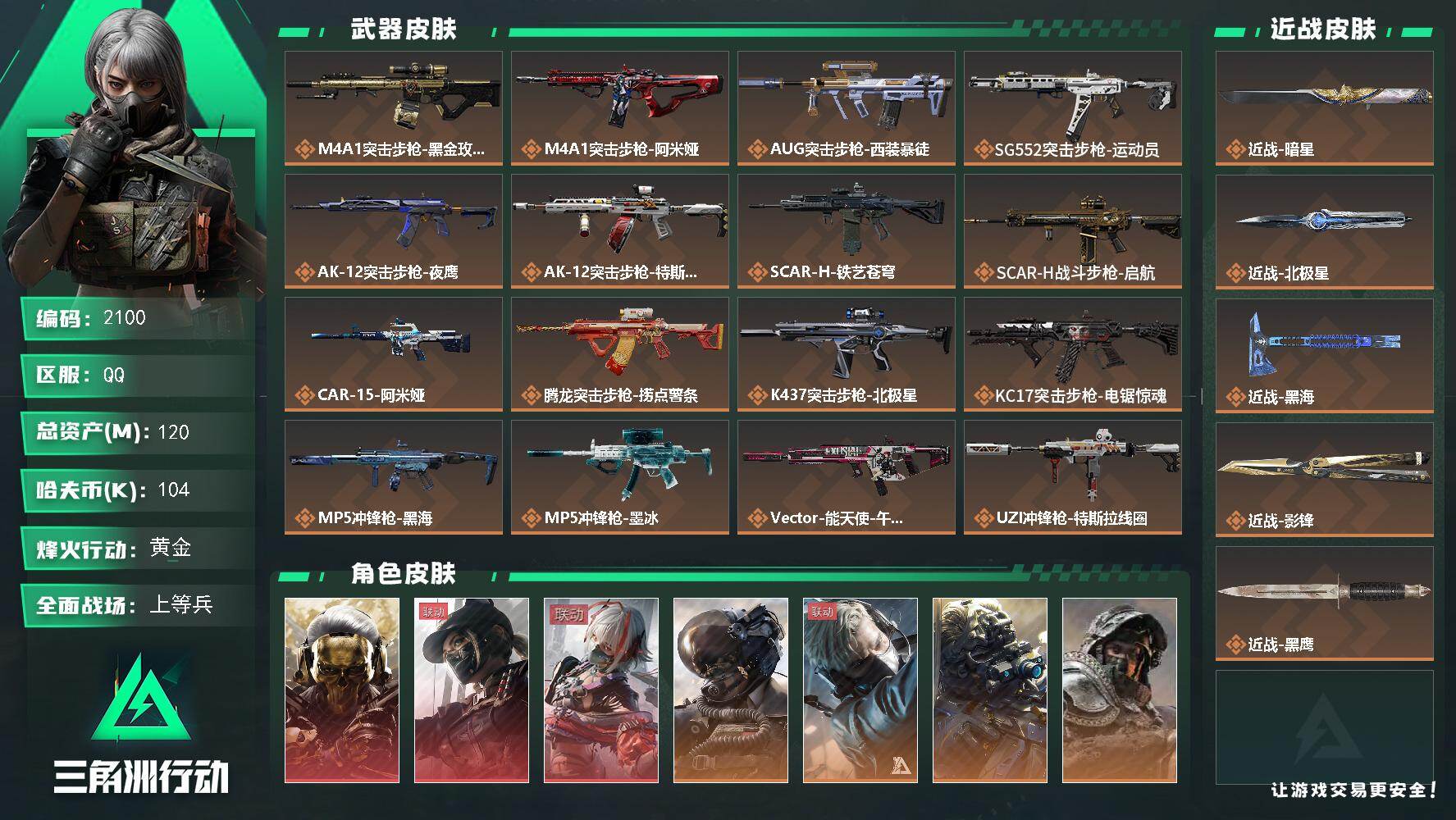三角洲行动账号QQ120m总资产-104k哈夫币-60烽火等级-黄金-32战场等级-上等兵
【干员外观】：红狼-蚀金玫