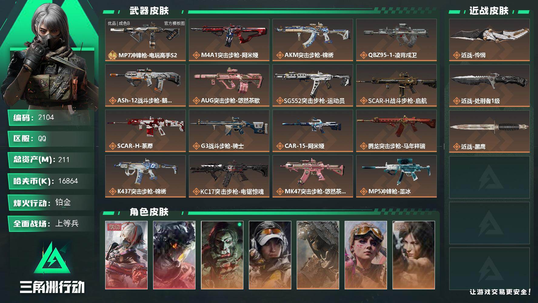 三角洲行动账号QQ211m总资产-16864k哈夫币-60烽火等级-铂金-36战场等级-上等兵
【干员外观】：骇爪-维