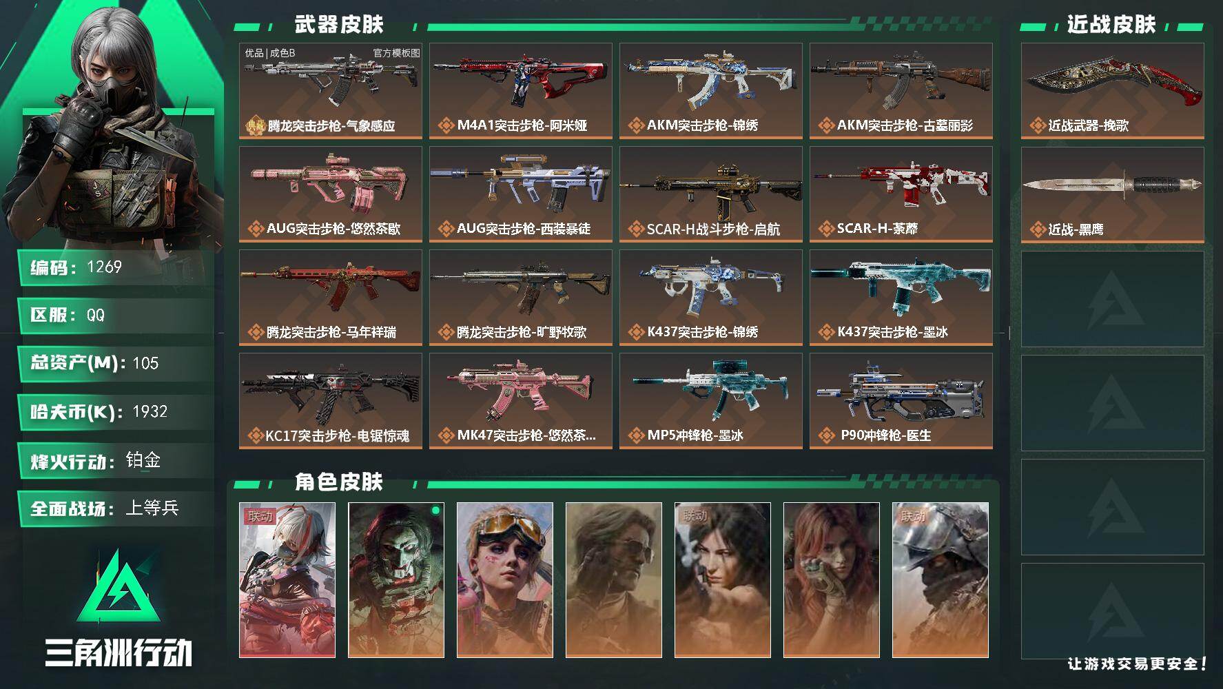 三角洲行动账号QQ105m总资产-1932k哈夫币-60烽火等级-铂金-13战场等级-上等兵
【干员外观】：骇爪-维什