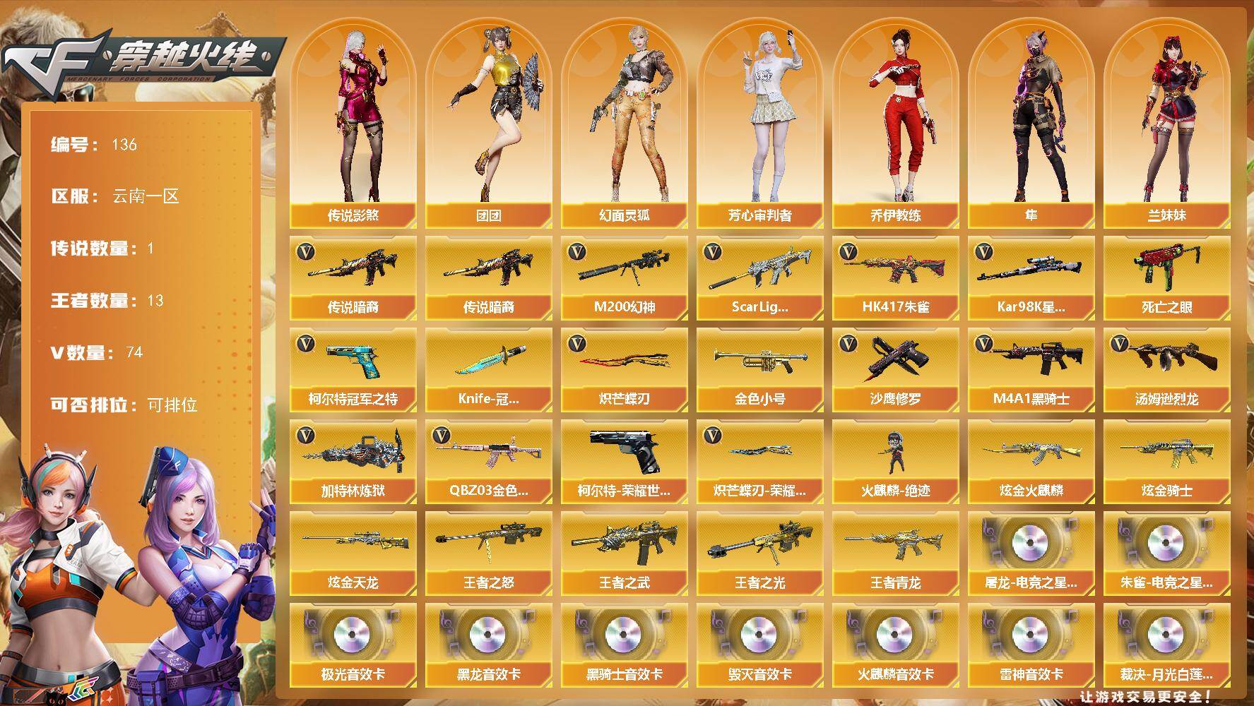 云南一区-74V-13王者武器数-3炫金武器数
【传说武器】:传说暗裔
【传说角色】:传说影煞
【热门武器】:传说暗裔,QBZ03-金色蔷薇,Scar Light-白虎,HK417-朱雀,M200-幻神,柯尔特-荣耀世冠白鲨2023*2,死亡之眼,柯尔特-冠军之特,Kar98K-星神,金色小号,M4A1-黑骑士*2,汤姆逊-烈龙,加特林-炼狱*3,火麒麟-绝迹,沙鹰-修罗*5,Knife-冠军