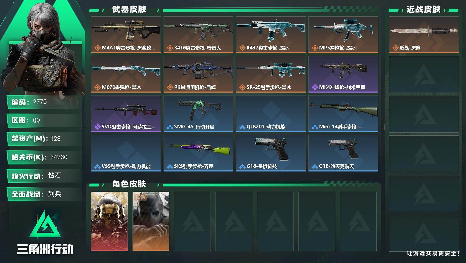 三角洲行动账号QQ【2770】总资产128M/哈夫币3423万/干员外观数2/传说枪皮数9/战场等级16/行动等级53