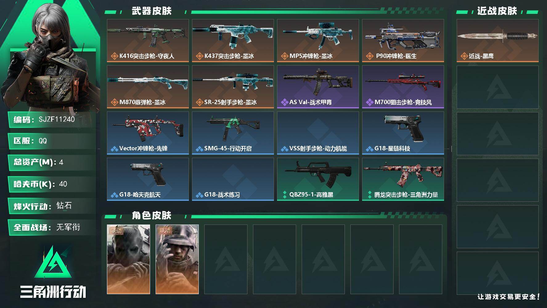 三角洲行动账号QQ【SJZF11240】总资产4M/哈夫币4万/干员外观数2/传说枪皮数7/战场等级1/行动等级43/安全箱等时效性道具以游戏内数据为准，详情请看图/无名-守夜人/蜂医-医生/近战-黑鹰/K416突击