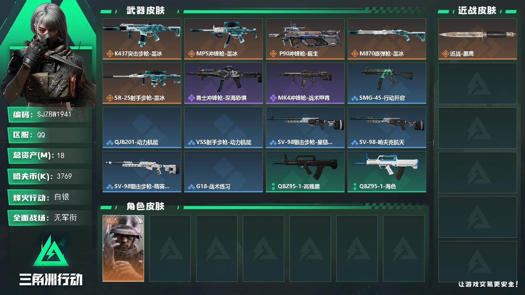 三角洲行动账号QQ【SJZBW1941】总资产18M/哈夫币376万/干员外观数1/传说枪皮数7/战场等级1/行动等级43/安全箱等时效性道具以游戏内数据为准，详情请看图/蜂医-医生/近战-黑鹰/K437突击步枪-墨