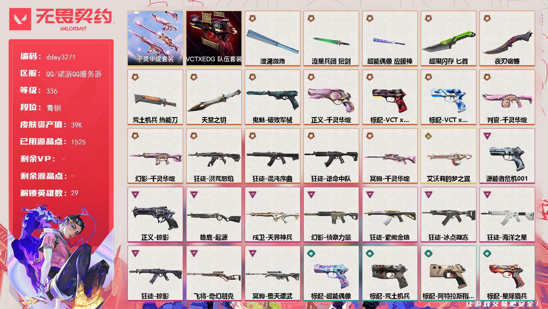 无畏契约账号QQ【ddwy3271】LV等级336/皮肤总价值39920/段位青铜/总皮肤数量97/刀皮数量8/枪皮数量89/套装数量2/具体详情请看图/千灵华绽套装/VCTxEDG 队伍套装/幻棱/炼狱/维斯/暮