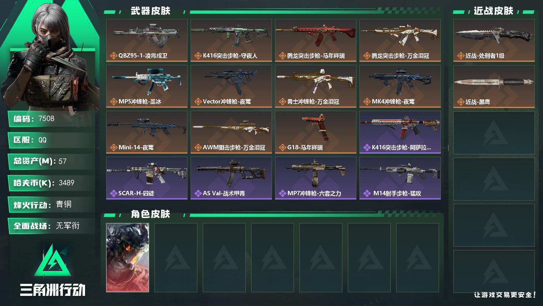 三角洲行动账号QQ【7508】57m总资产-3489k哈夫币-42烽火等级-青铜-1战场等级-无军衔
【干员外观】：威