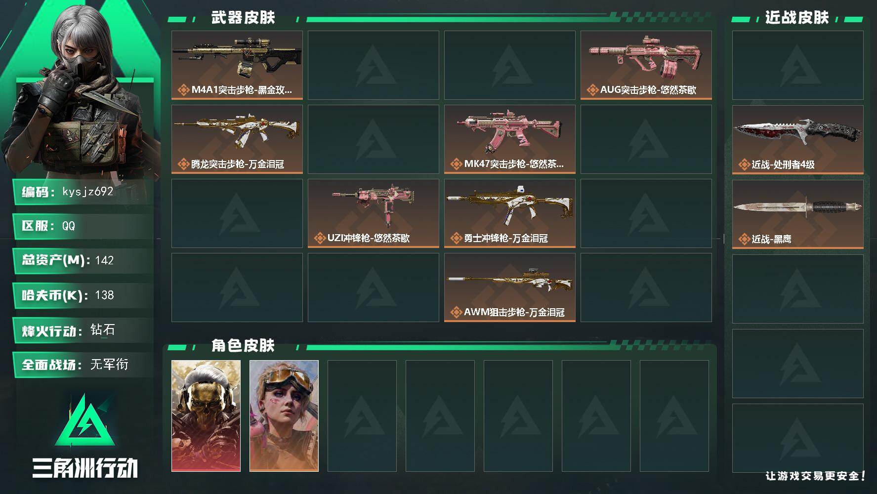 三角洲行动账号QQ142m总资产-138k哈夫币-60烽火等级-钻石-2战场等级-无军衔
【干员外观】：红狼-蚀金玫瑰