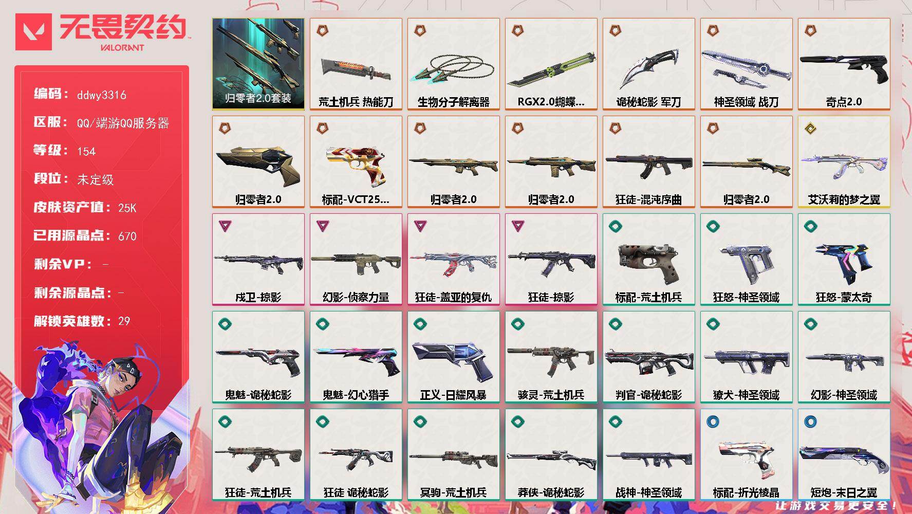 无畏契约账号QQ【ddwy3316】LV等级154/皮肤总价值25040/段位未定级/总皮肤数量56/刀皮数量5/枪皮数量51/套装数量1/具体详情请看图/归零者2.0/幻棱/炼狱/维斯/暮蝶/钛狐/壹决/铁臂/捷