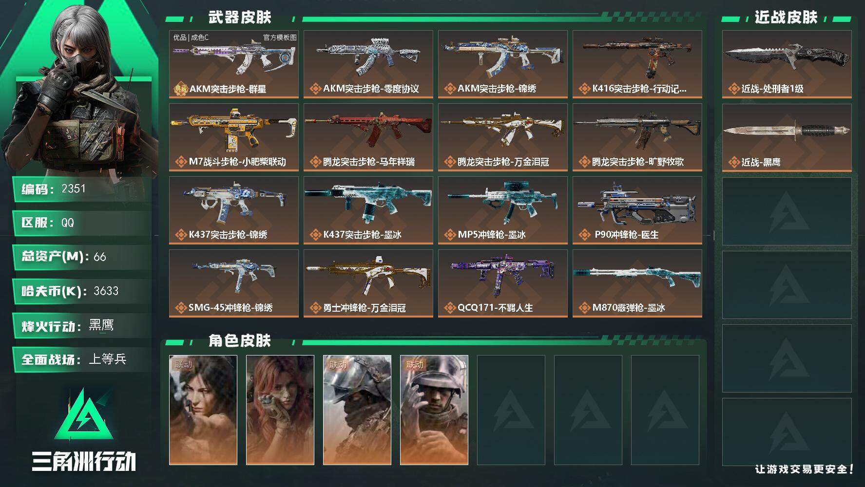 三角洲行动账号QQ【2351】【特价秒杀猛攻号+4干员皮+66m总资产+新AKM典藏枪皮+速抢】
66m总资产-363
