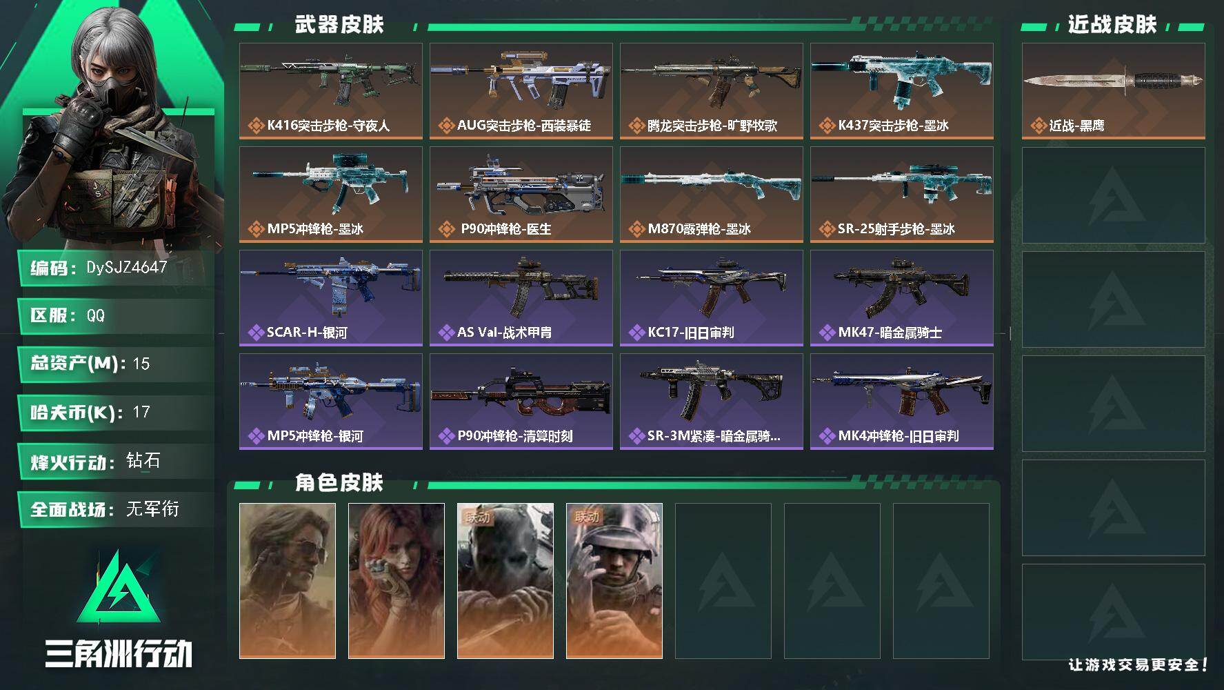 三角洲行动账号QQ【DySJZ4647】总资产15M/哈夫币1万/干员外观数4/传说枪皮数10/战场等级4/行动等级60/安全箱等时效性道具以游戏内数据为准，详情请看图/银翼-未结卷宗/疾风-西部往事/无名-守夜人/