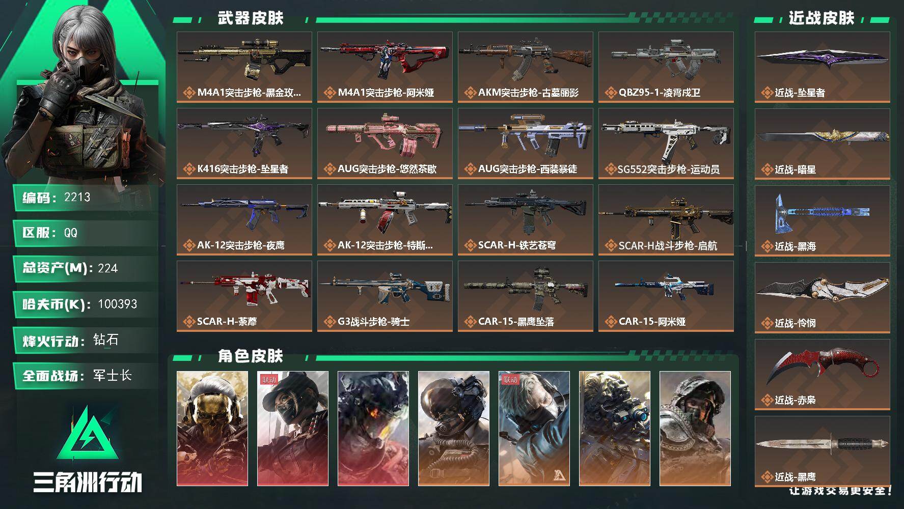 三角洲行动账号QQ224m总资产-k哈夫币-60烽火等级-钻石-50战场等级-军士长
【干员外观】：红狼-蚀金玫瑰，露