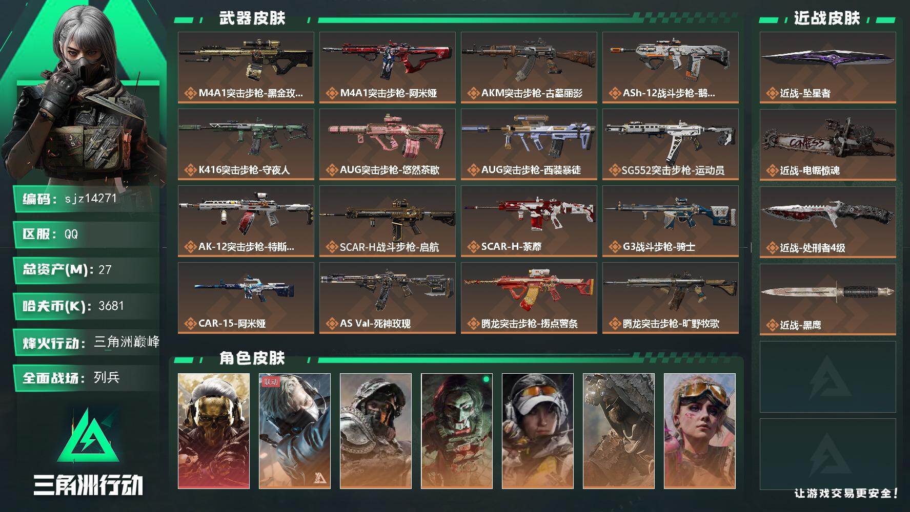 三角洲行动账号QQ总资产：27.2M, 哈夫币：3681K ;总资产27M/哈夫币368万/干员外观数11/战场等级4