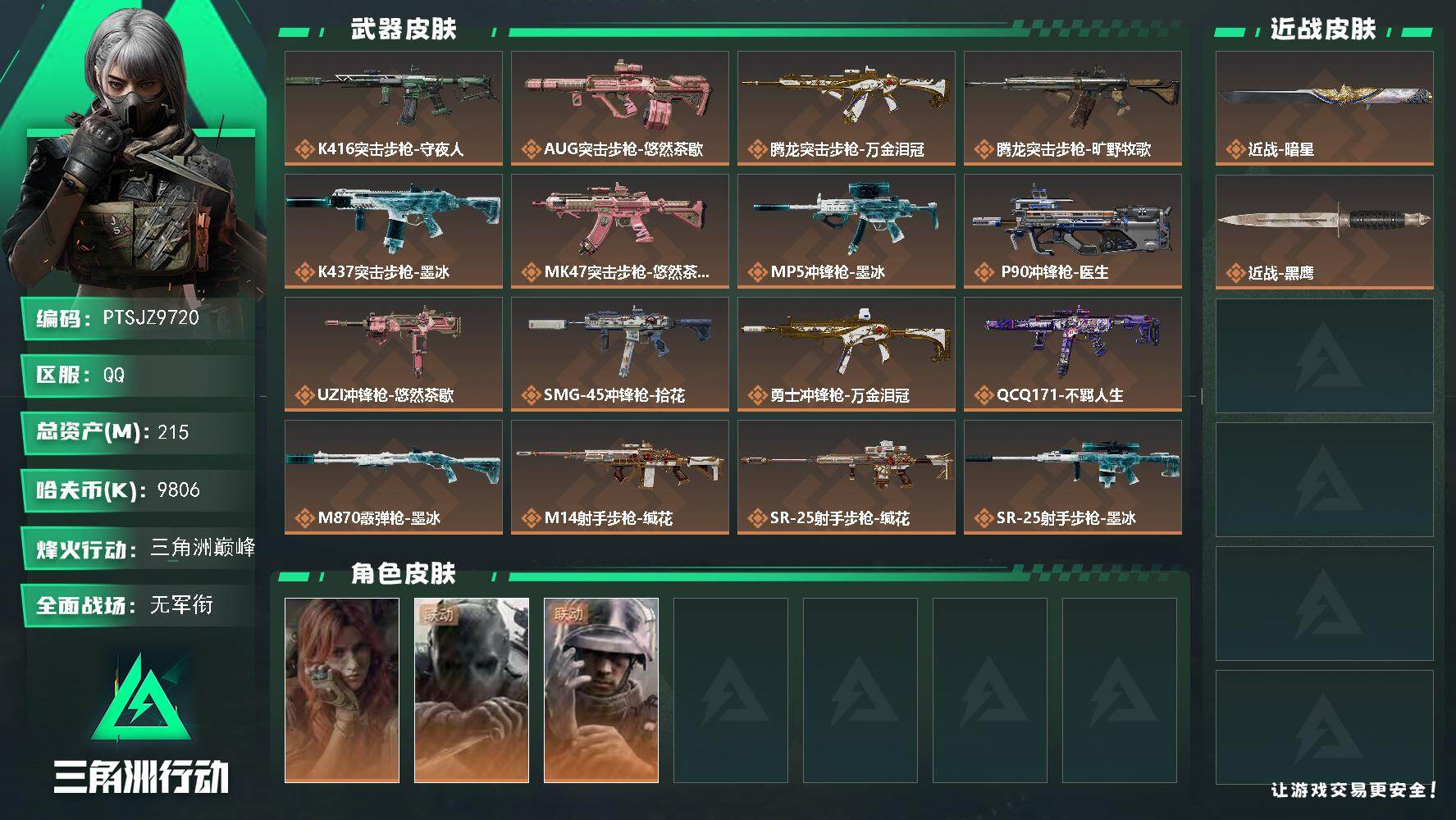 三角洲行动账号QQ【PTSJZ9720】总资产215M/哈夫币980万/传说近战数1/干员外观数3/传说枪皮数19/战