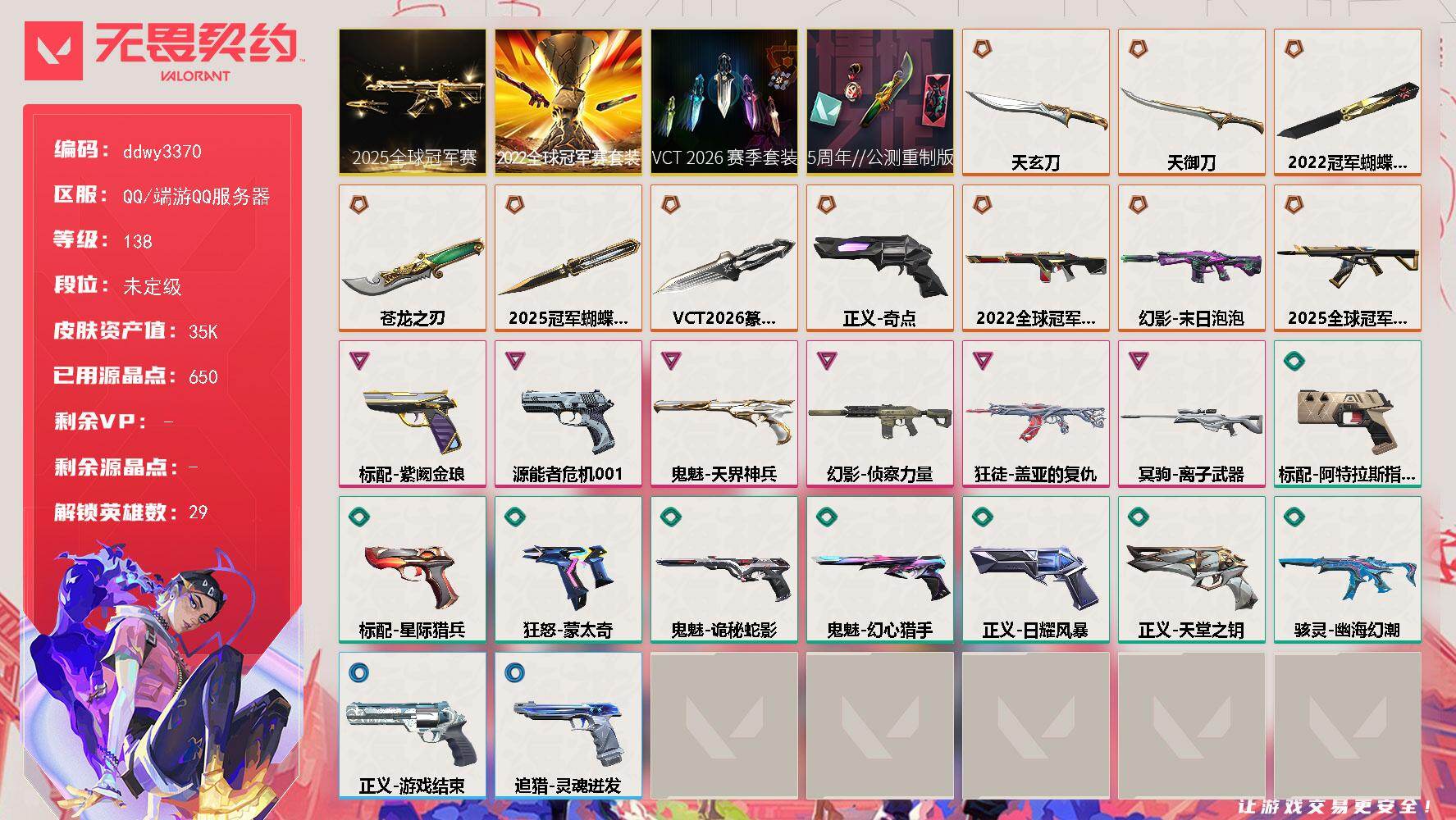 无畏契约账号QQ【ddwy3370】LV等级138/皮肤总价值35870/段位未定级/总皮肤数量27/刀皮数量6/枪皮数量21/套装数量4/具体详情请看图/25冠军套  /2022全球冠军赛/VCT 2026 赛季