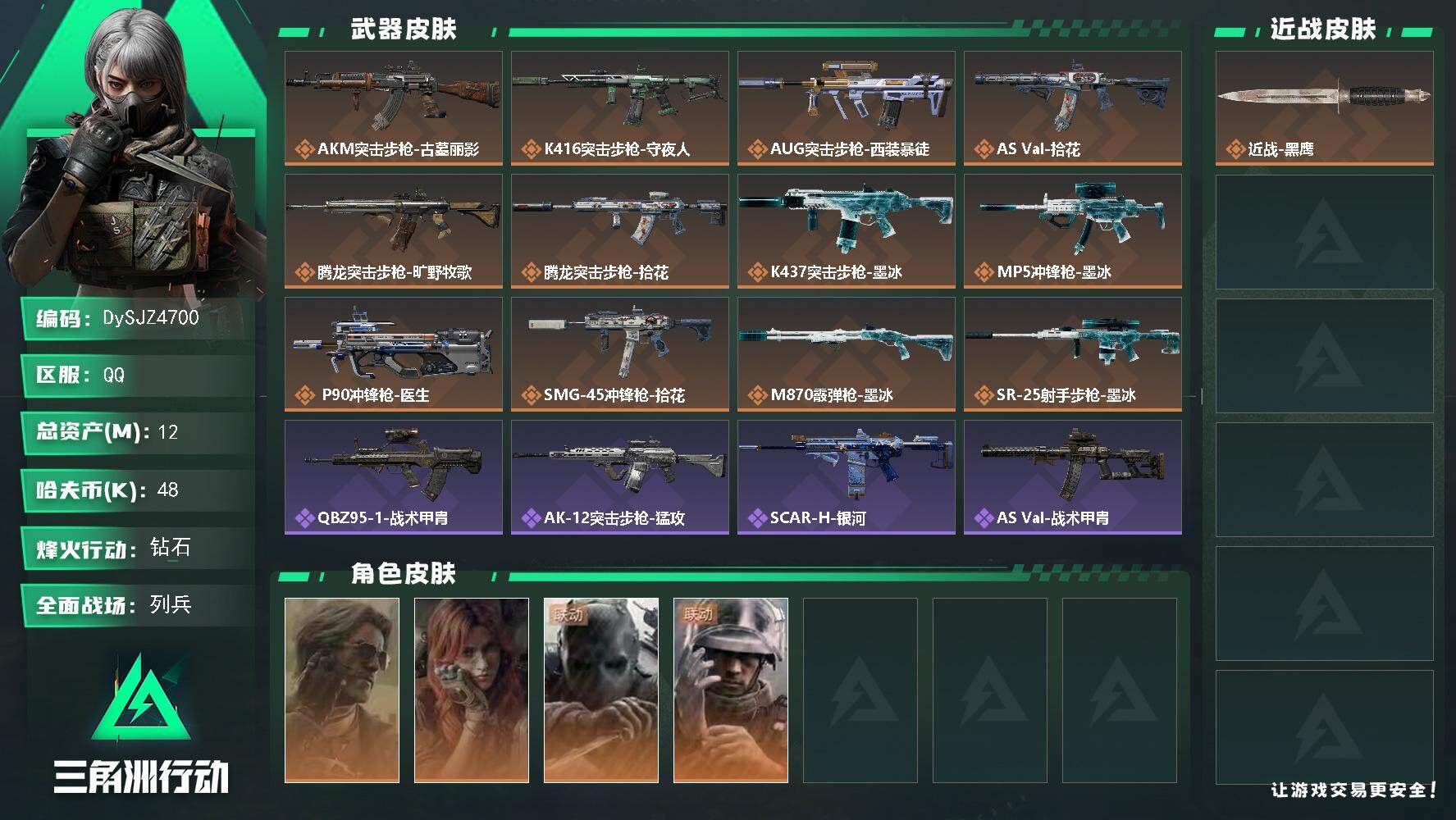 三角洲行动账号QQ【DySJZ4700】总资产12M/哈夫币4万/干员外观数4/传说枪皮数13/战场等级20/行动等级60/安全箱等时效性道具以游戏内数据为准，详情请看图/银翼-未结卷宗/疾风-西部往事/无名-守夜人