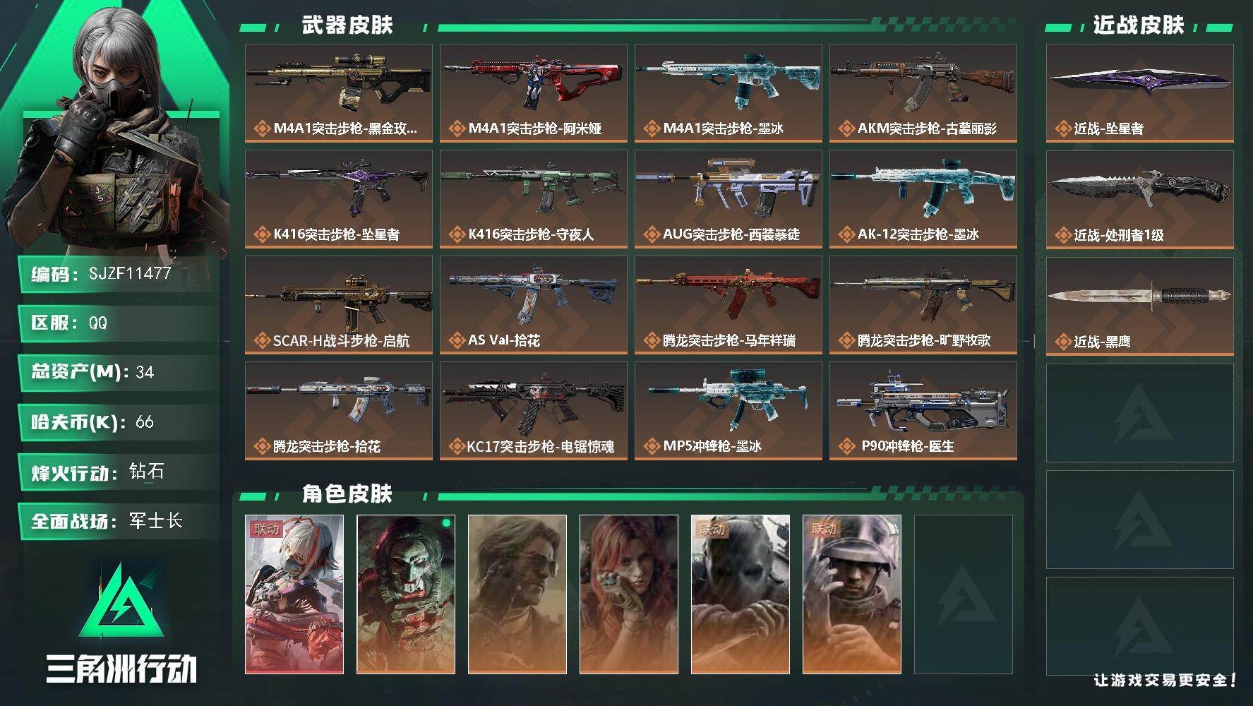 三角洲行动账号QQ【SJZF11477】总资产34M/哈夫币6万/传说近战数2/干员外观数6/传说枪皮数26/战场等级31/行动等级60/安全箱等时效性道具以游戏内数据为准，详情请看图/骇爪-维什戴尔/红狼-电锯惊魂