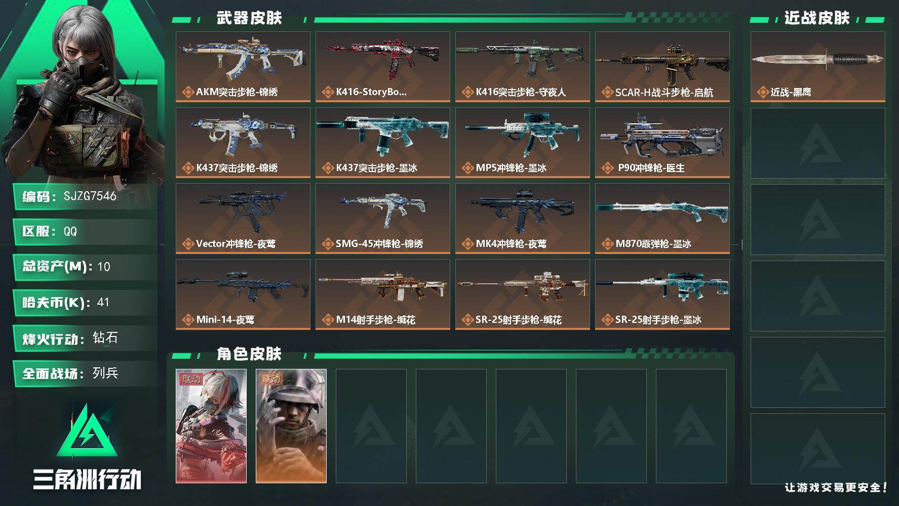 三角洲行动账号QQ【SJZG7546】总资产10M/哈夫币4万/干员外观数2/传说枪皮数18/战场等级6/行动等级43/安全箱等时效性道具以游戏内数据为准，详情请看图/骇爪-维什戴尔/蜂医-医生/近战-黑鹰/AKM突