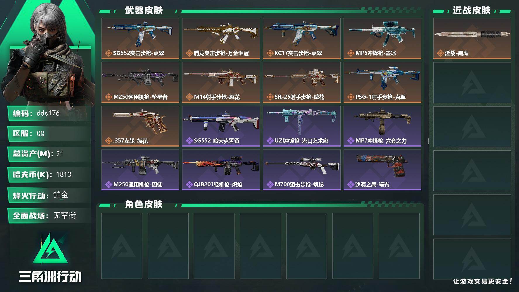 三角洲行动账号QQ【dds176】总资产21M/哈夫币181万/传说枪皮数9/战场等级1/行动等级53/安全箱等时效性道具以游戏内数据为准，详情请看图/近战-黑鹰/SG552突击步枪-点翠/腾龙突击步枪-万金泪冠/K