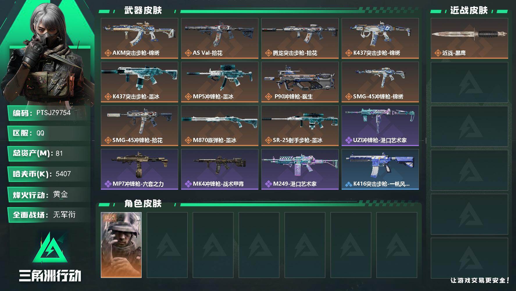 三角洲行动账号QQ【PTSJZ9754】总资产81M/哈夫币540万/干员外观数1/传说枪皮数12/战场等级1/行动等