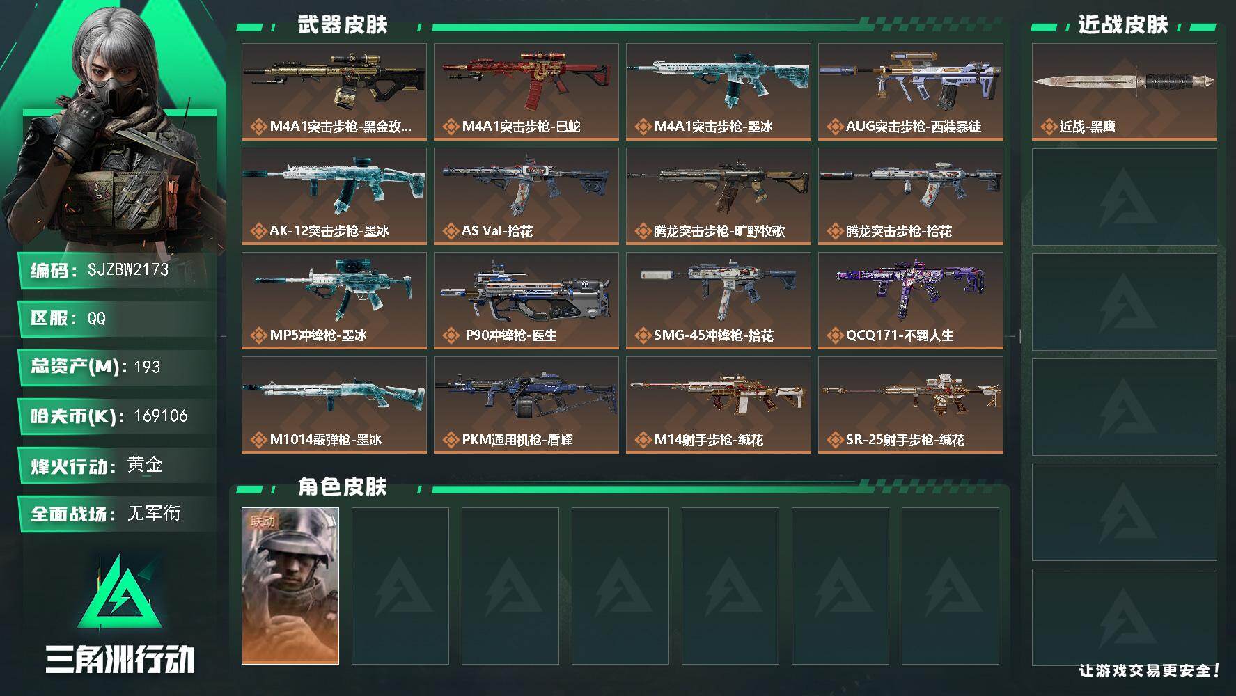 三角洲行动账号QQ193m总资产-169106k哈夫币-43烽火等级-黄金-1战场等级-无军衔
【干员外观】：蜂医-医