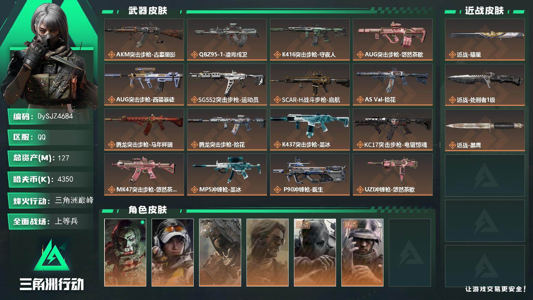 三角洲行动账号QQ【DySJZ4684】总资产127M/哈夫币435万/传说近战数2/干员外观数6/传说枪皮数25/战场等级23/行动等级60/安全箱等时效性道具以游戏内数据为准，详情请看图/红狼-电锯惊魂/露娜-金